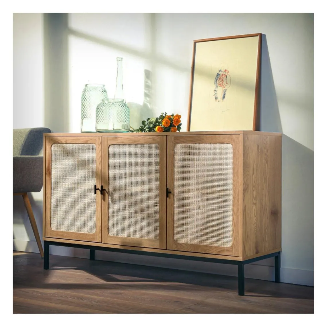 Calicosy Buffet 3 Portes Cannage Rotin en bois Beige Clearance