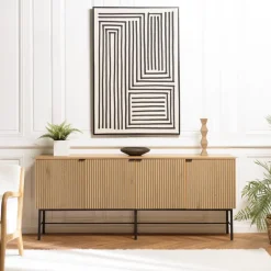 Macabane Buffet 4 portes décor effet bois rainuré noir et naturel SCOTT Sale