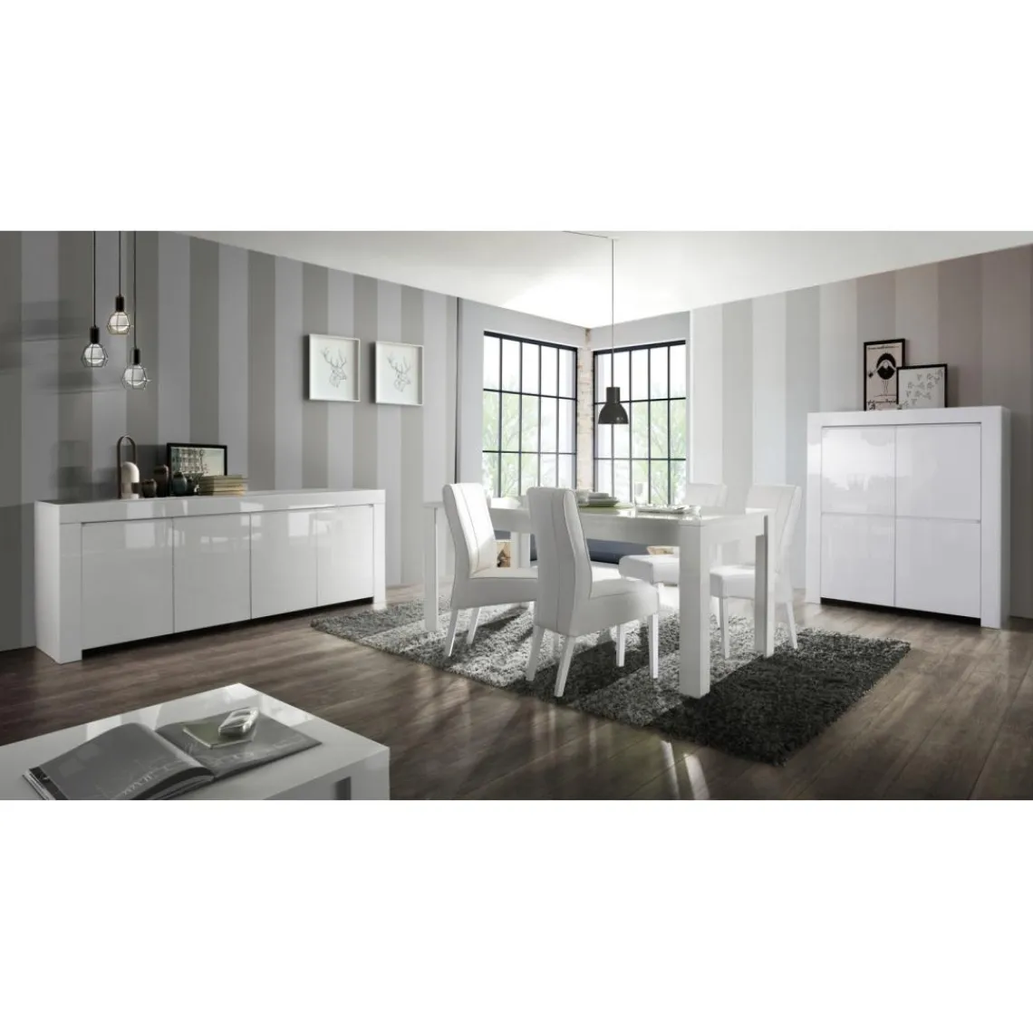 3S. x Home Buffet 4 portes en bois AMALFI laqué blanc brillant Clearance