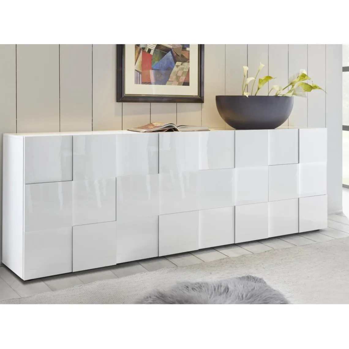 3S. x Home Buffet 4 portes en bois DAMA laqué blanc brillant Best