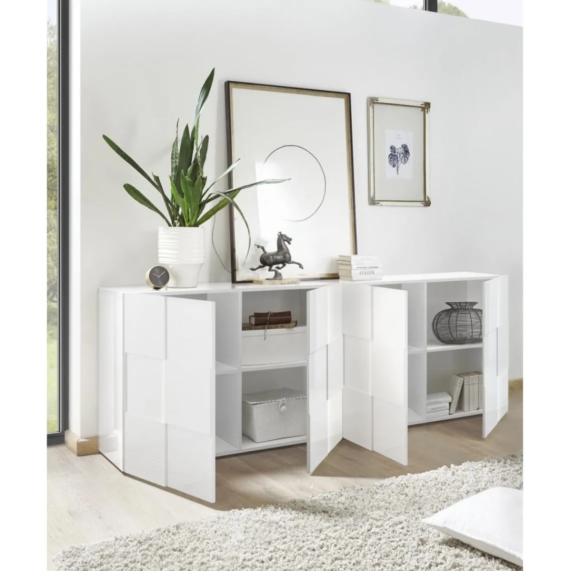 3S. x Home Buffet 4 portes en bois DAMA laqué blanc brillant Best