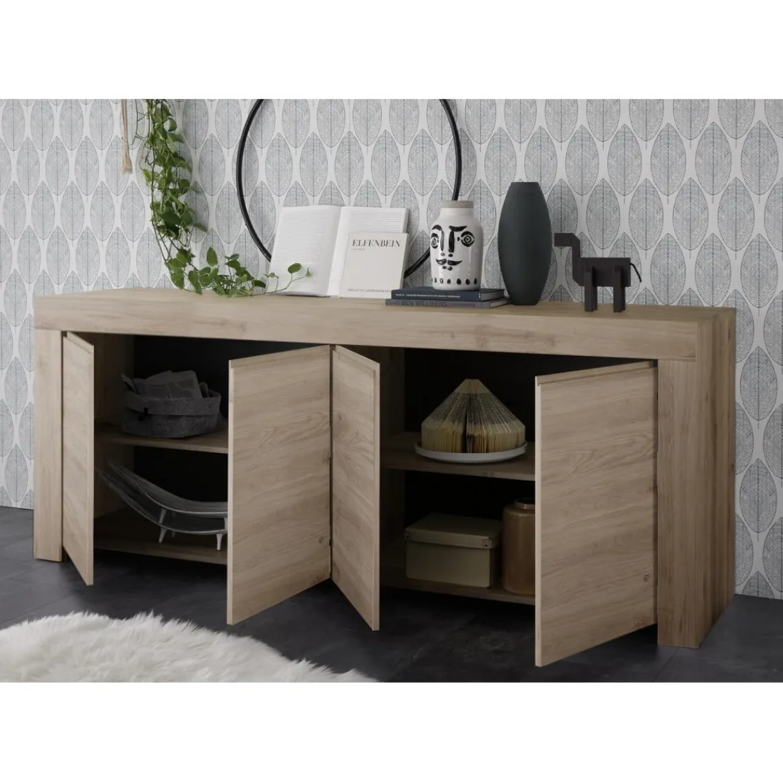 3S. x Home Buffet 4 portes en bois FIRENZE décor chene Outlet
