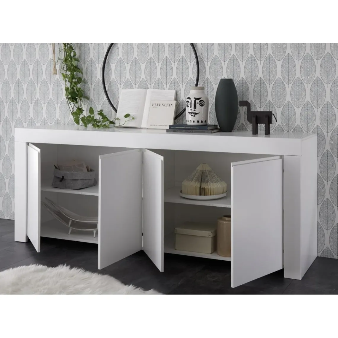 3S. x Home Buffet 4 portes en bois FIRENZE blanc opaque Hot