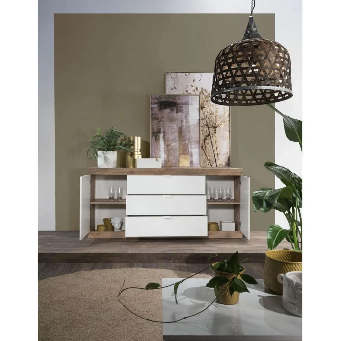 3S. x Home Buffet 2 portes et 3 tiroirs chene blanc New