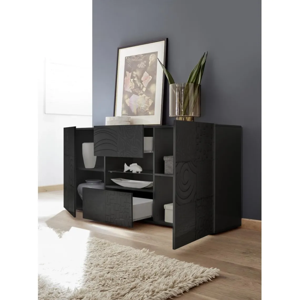 3S. x Home Buffet 2 portes et 2 tiroirs MIRO laqué gris brillant Online