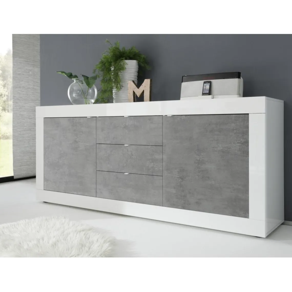 3S. x Home Buffet 2 portes et 3 tiroirs BASIC blanc et décor beton New