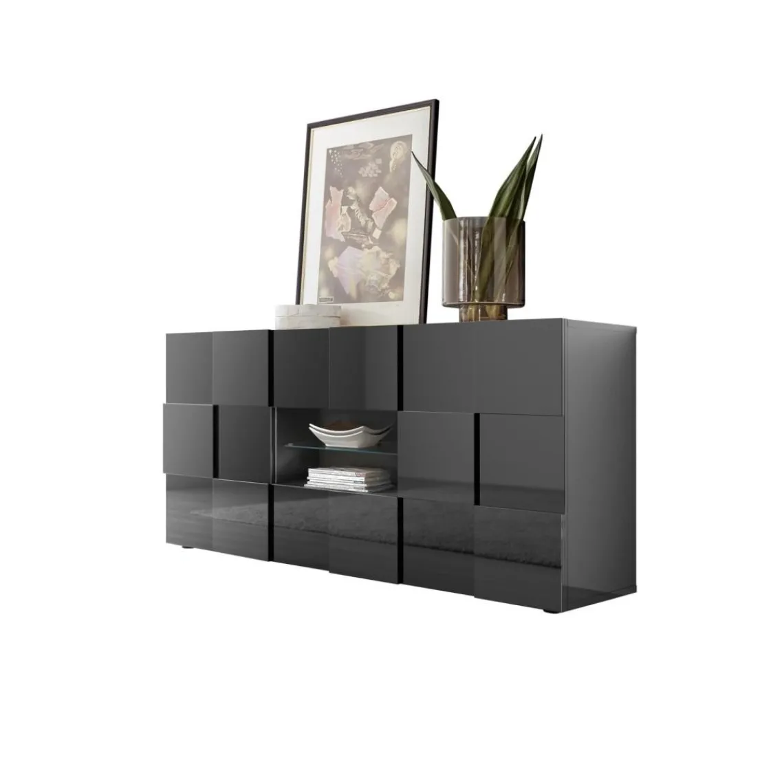 3S. x Home Buffet 2 portes et 2 tiroirs DAMA laqué anthracite brillant