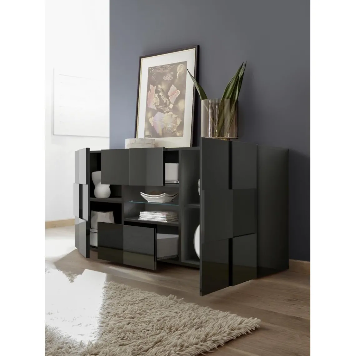 3S. x Home Buffet 2 portes et 2 tiroirs DAMA laqué anthracite brillant