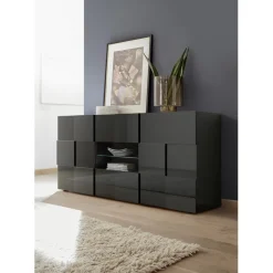 3S. x Home Buffet 2 portes et 2 tiroirs DAMA laqué anthracite brillant