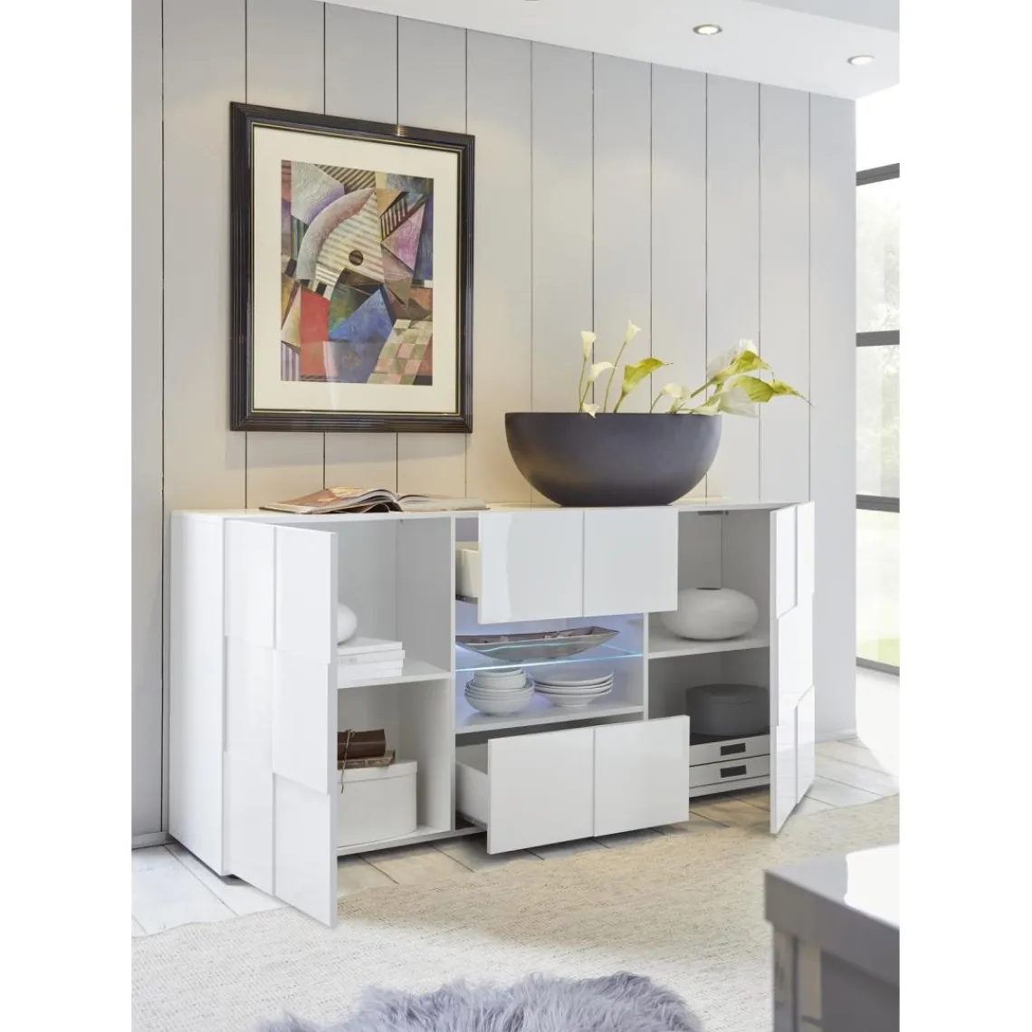 3S. x Home Buffet 2 portes et 2 tiroirs DAMA laqué blanc brillant Hot