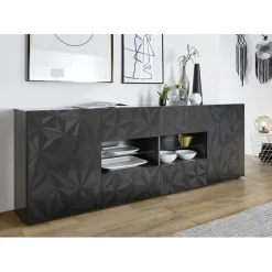 3S. x Home Buffet 2 portes et 4 tiroirs PRISMA laqué anthracite brillant New