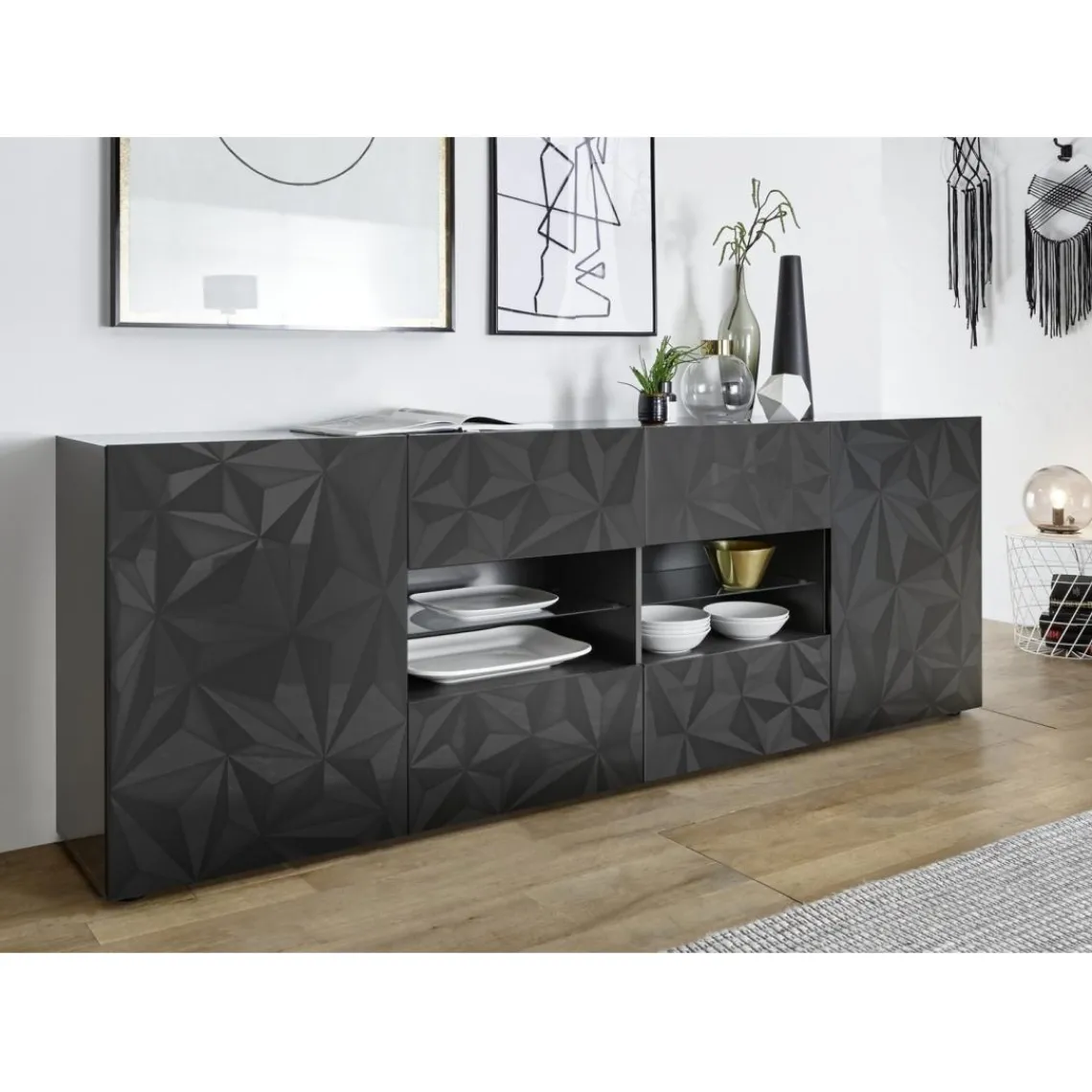 3S. x Home Buffet 2 portes et 4 tiroirs PRISMA laqué anthracite brillant New