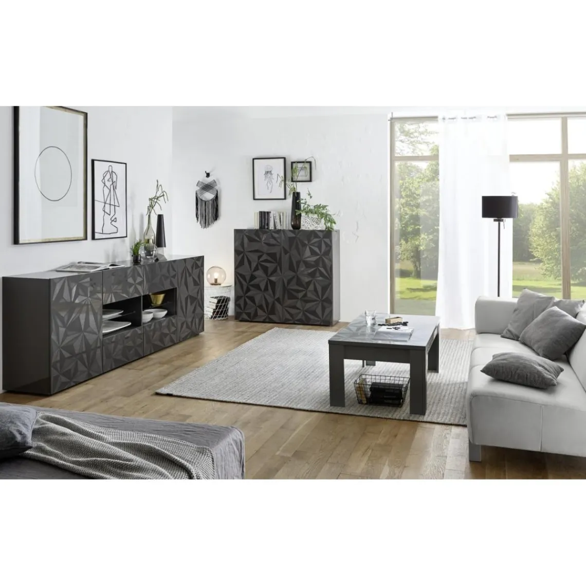 3S. x Home Buffet 2 portes et 4 tiroirs PRISMA laqué anthracite brillant New