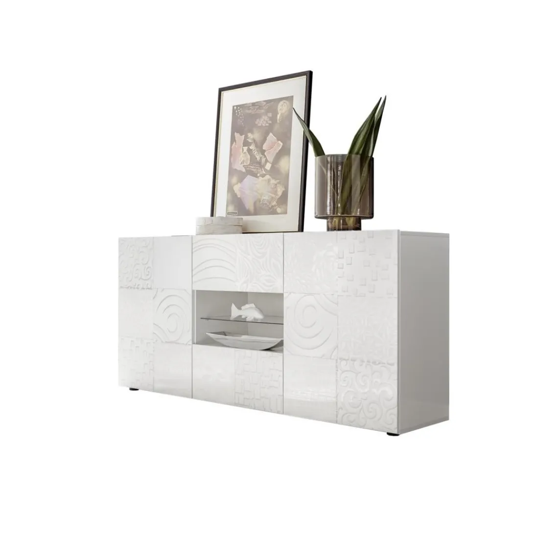 3S. x Home Buffet 2 portes et 2 tiroirs MIRO laqué blanc brillant New