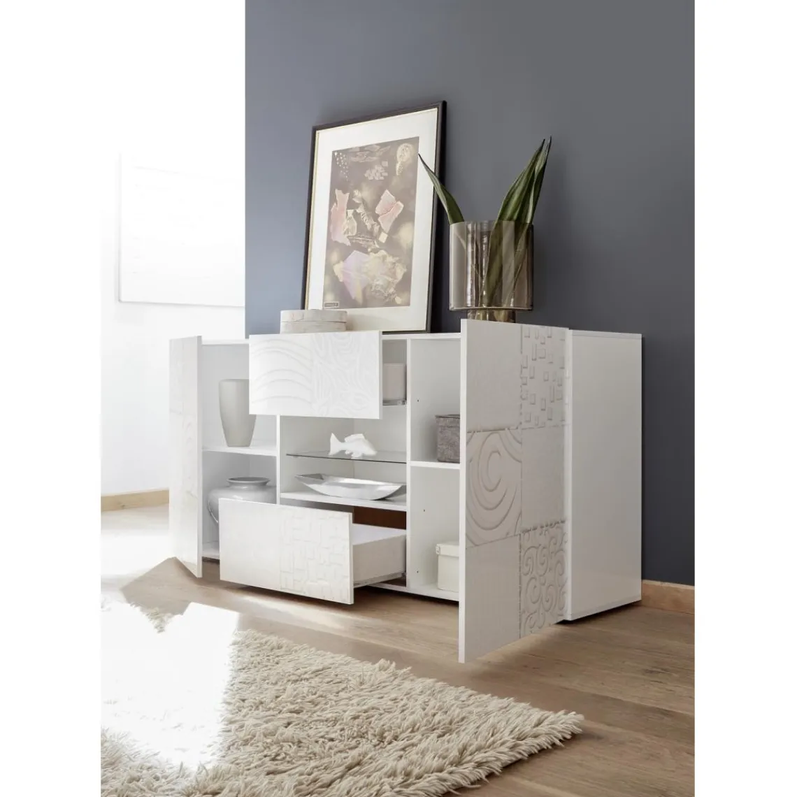 3S. x Home Buffet 2 portes et 2 tiroirs MIRO laqué blanc brillant New