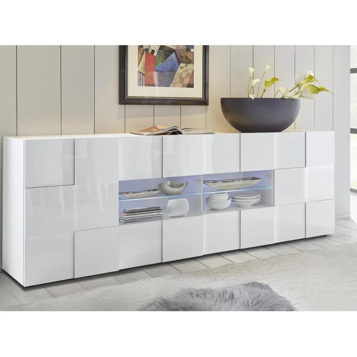 3S. x Home Buffet 2 portes et 4 tiroirs DAMA laqué blanc brillant Discount