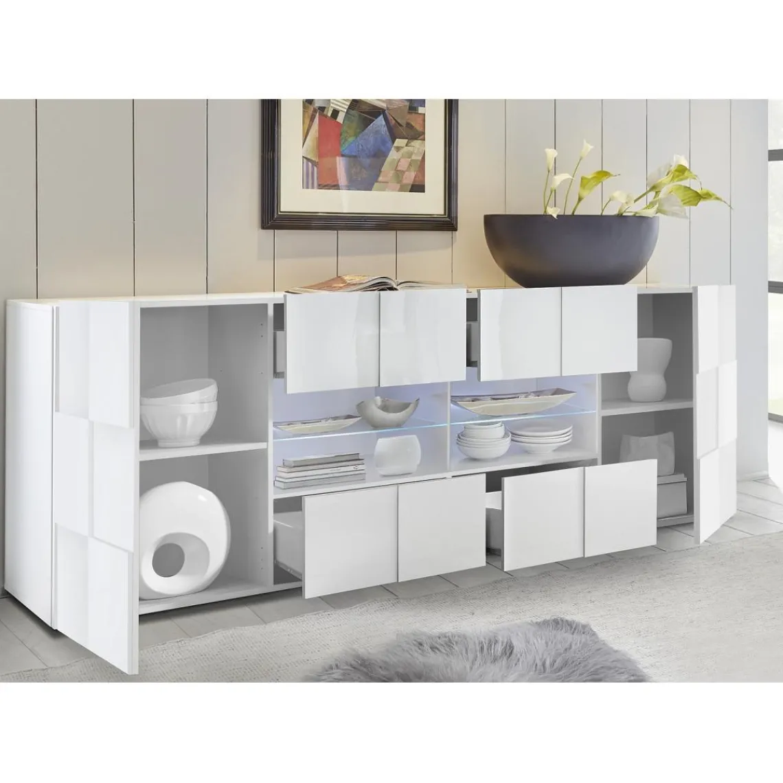 3S. x Home Buffet 2 portes et 4 tiroirs DAMA laqué blanc brillant Discount