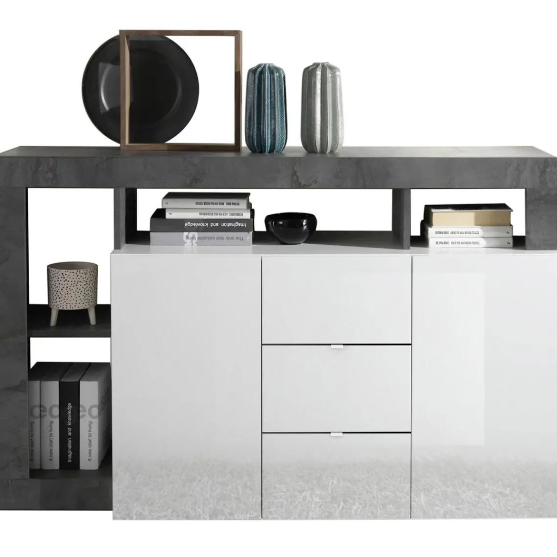 3S. x Home Buffet 2 portes et 3 tiroirs HAMBURG laqué blanc et oxyde Online