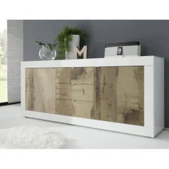 3S. x Home Buffet 2 portes et 3 tiroirs BASIC blanc et décor chene pero Discount