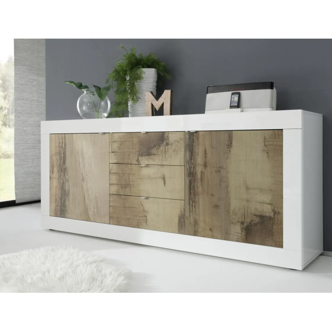 3S. x Home Buffet 2 portes et 3 tiroirs BASIC blanc et décor chene pero Discount