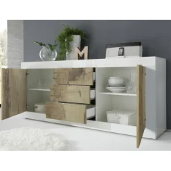 3S. x Home Buffet 2 portes et 3 tiroirs BASIC blanc et décor chene pero Discount