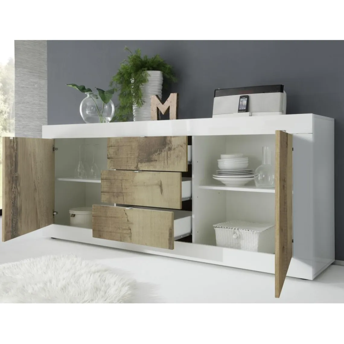 3S. x Home Buffet 2 portes et 3 tiroirs BASIC blanc et décor chene pero Discount