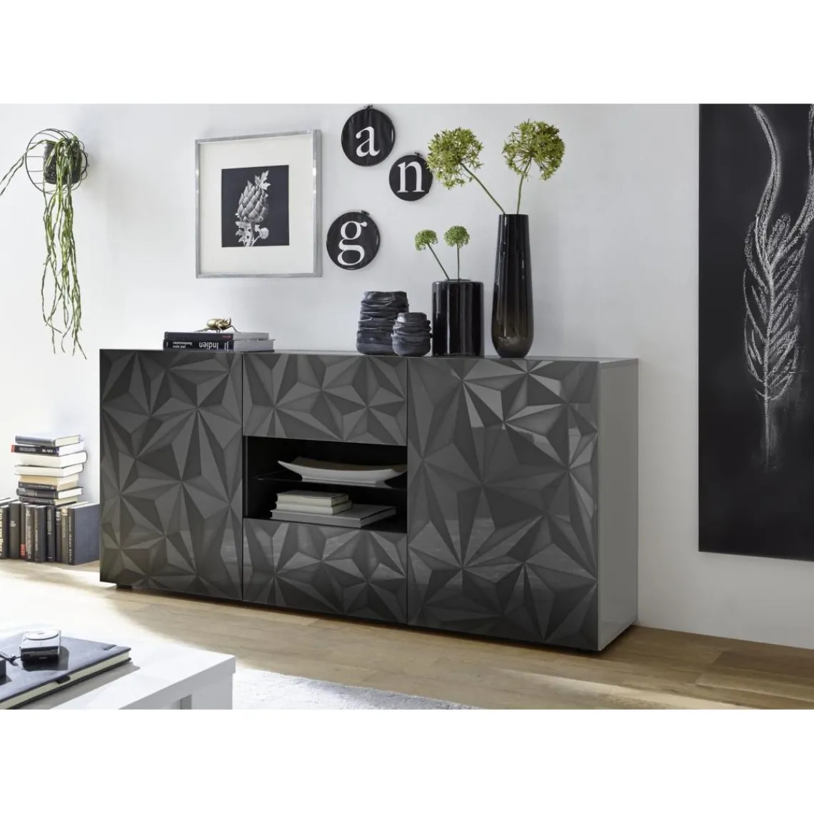 3S. x Home Buffet 2 portes et 2 tiroirs PRISMA laqué anthracite brillant Clearance