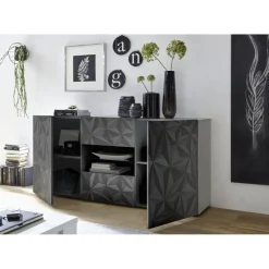 3S. x Home Buffet 2 portes et 2 tiroirs PRISMA laqué anthracite brillant Clearance