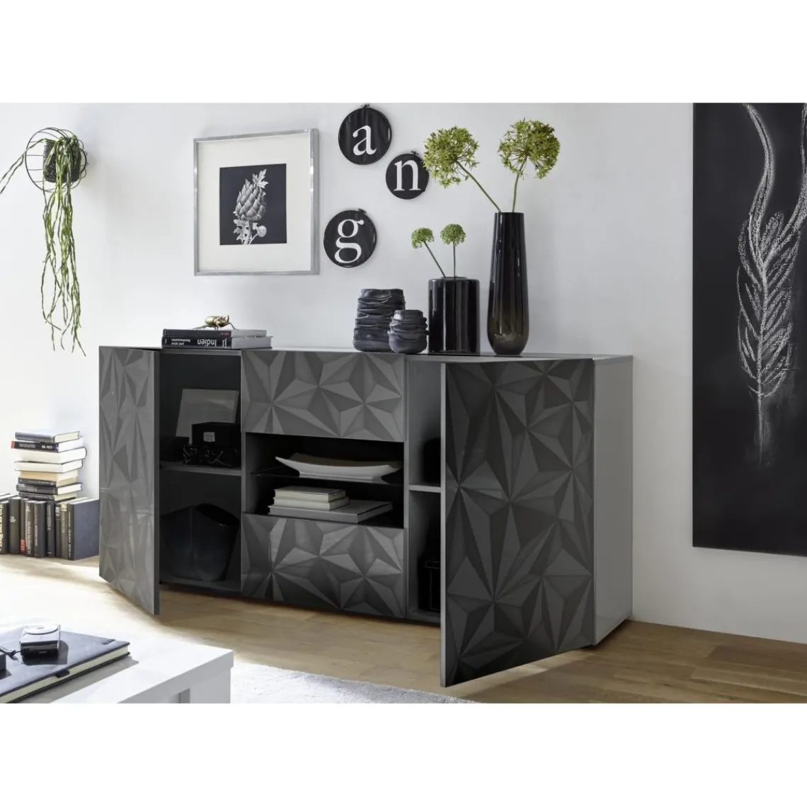 3S. x Home Buffet 2 portes et 2 tiroirs PRISMA laqué anthracite brillant Clearance