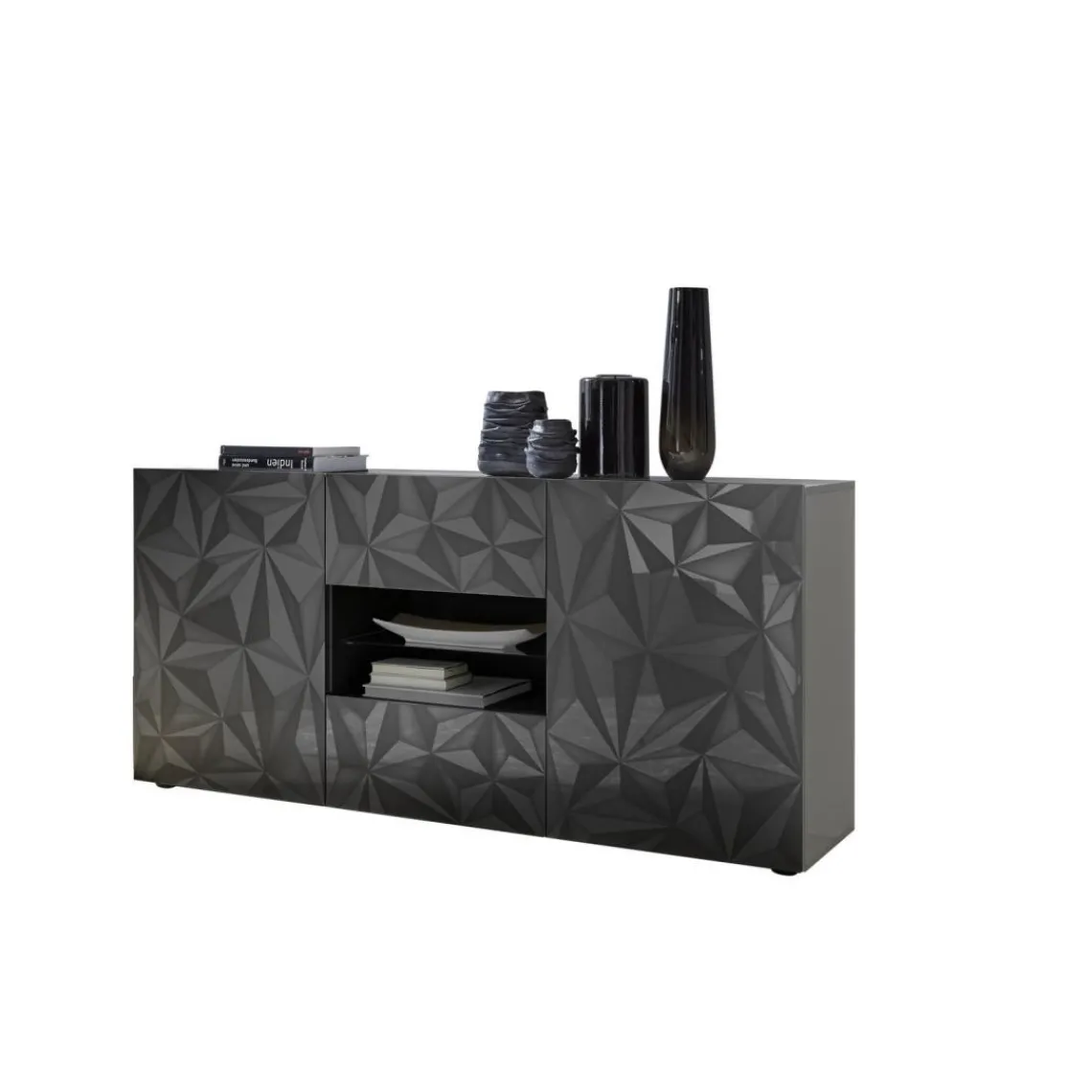 3S. x Home Buffet 2 portes et 2 tiroirs PRISMA laqué anthracite brillant Clearance