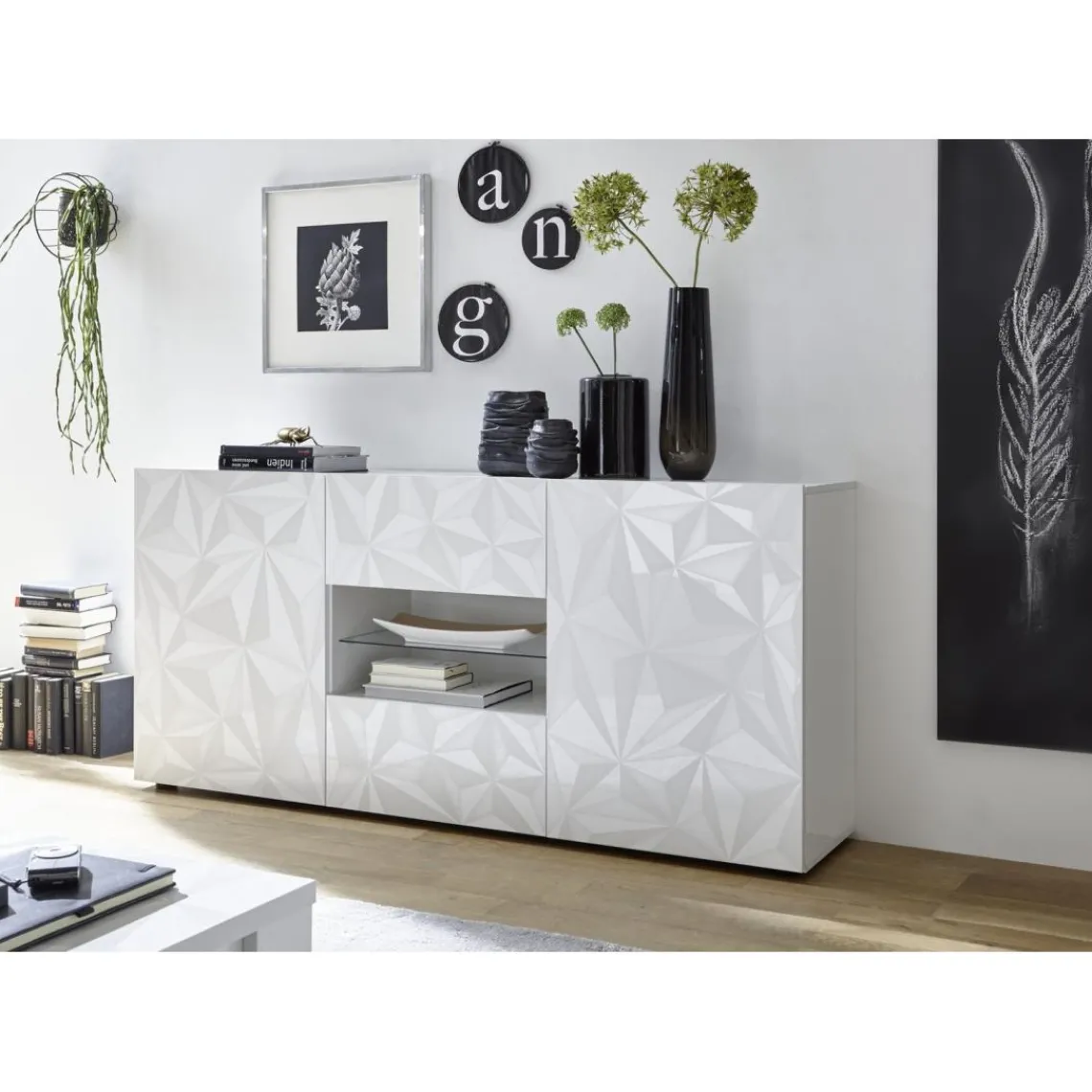3S. x Home Buffet 2 portes et 2 tiroirs PRISMA laqué blanc brillant Discount