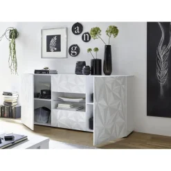 3S. x Home Buffet 2 portes et 2 tiroirs PRISMA laqué blanc brillant Discount
