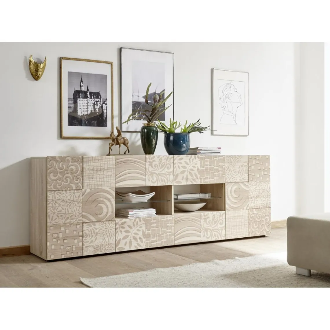 3S. x Home Buffet 2 portes et 4 tiroirs MIRO décor chêne