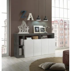 3S. x Home Buffet 4 portes HAMBURG laqué blanc et oxyde