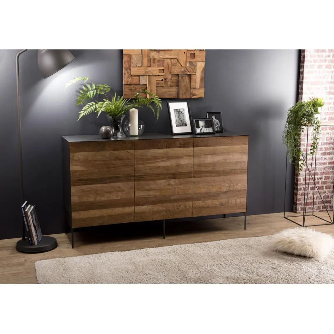 Macabane Buffet 3 Portes MADISON Bois Teck Recyclé Métal Et Pieds Métal