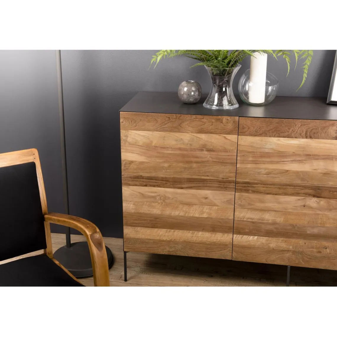 Macabane Buffet 3 Portes MADISON Bois Teck Recyclé Métal Et Pieds Métal