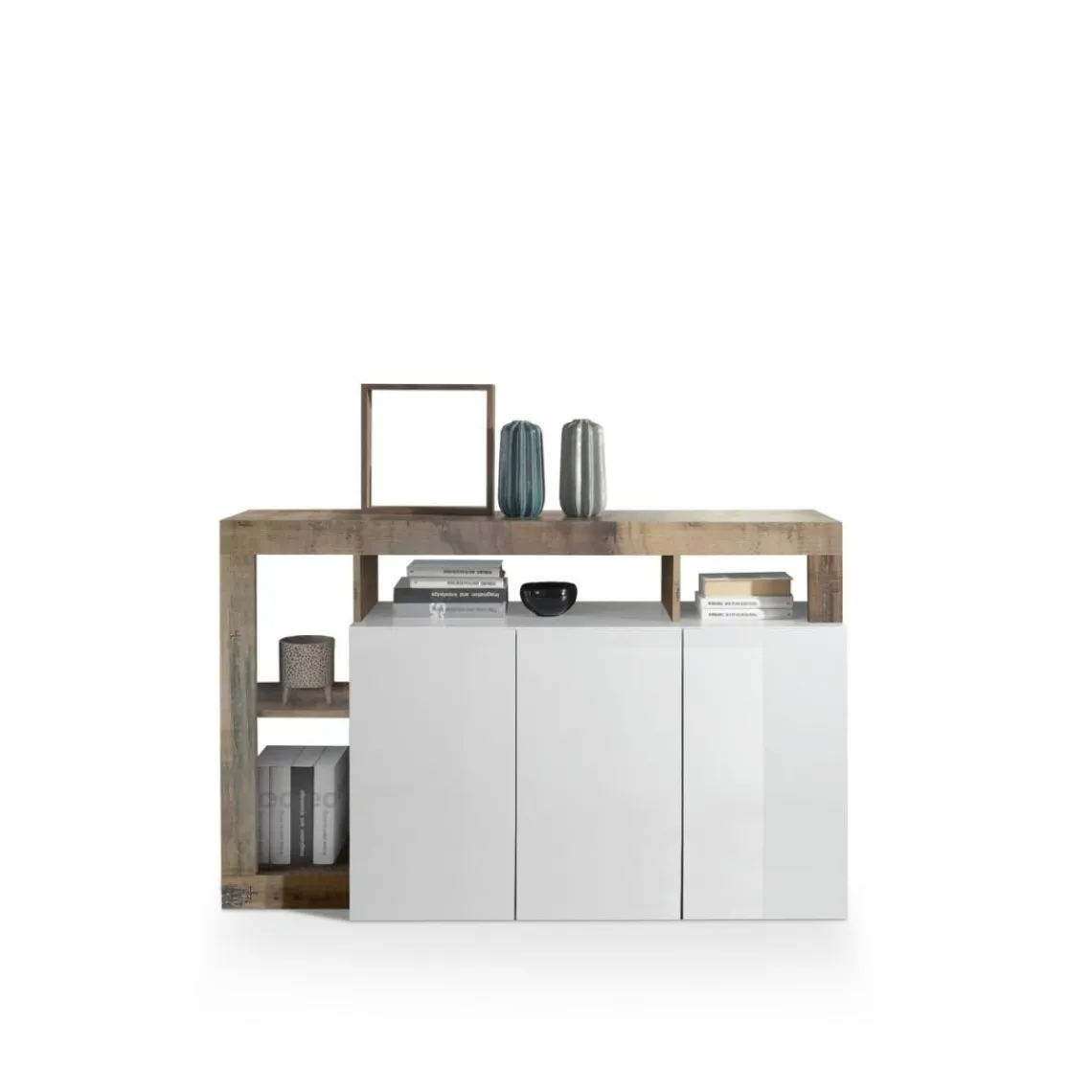 3S. x Home Buffet 3 portes MANGO décor chene et laqué blanc New