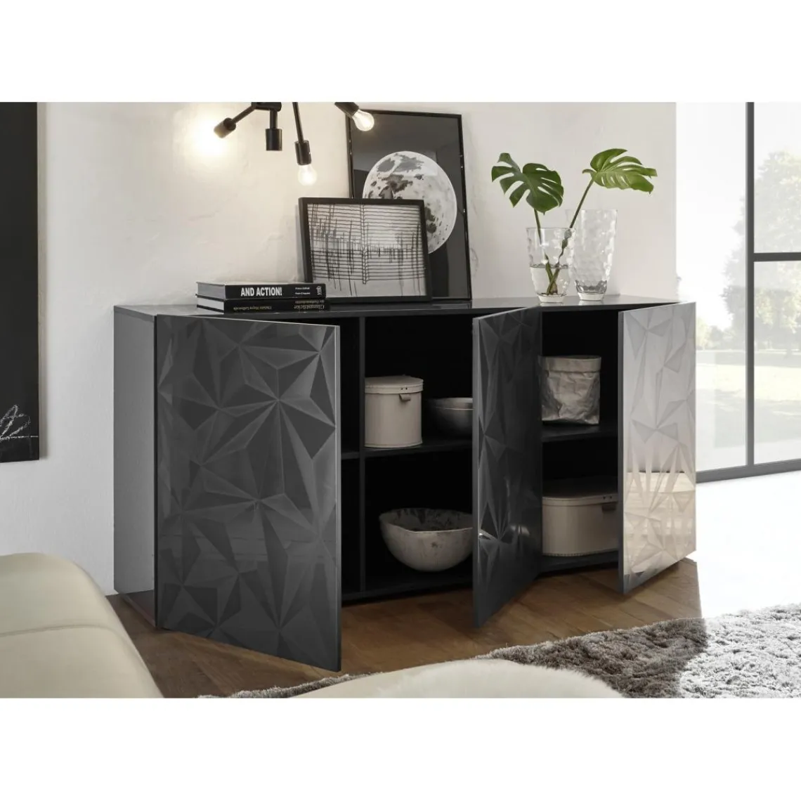 3S. x Home Buffet 3 portes PRISMA laqué anthracite brillant