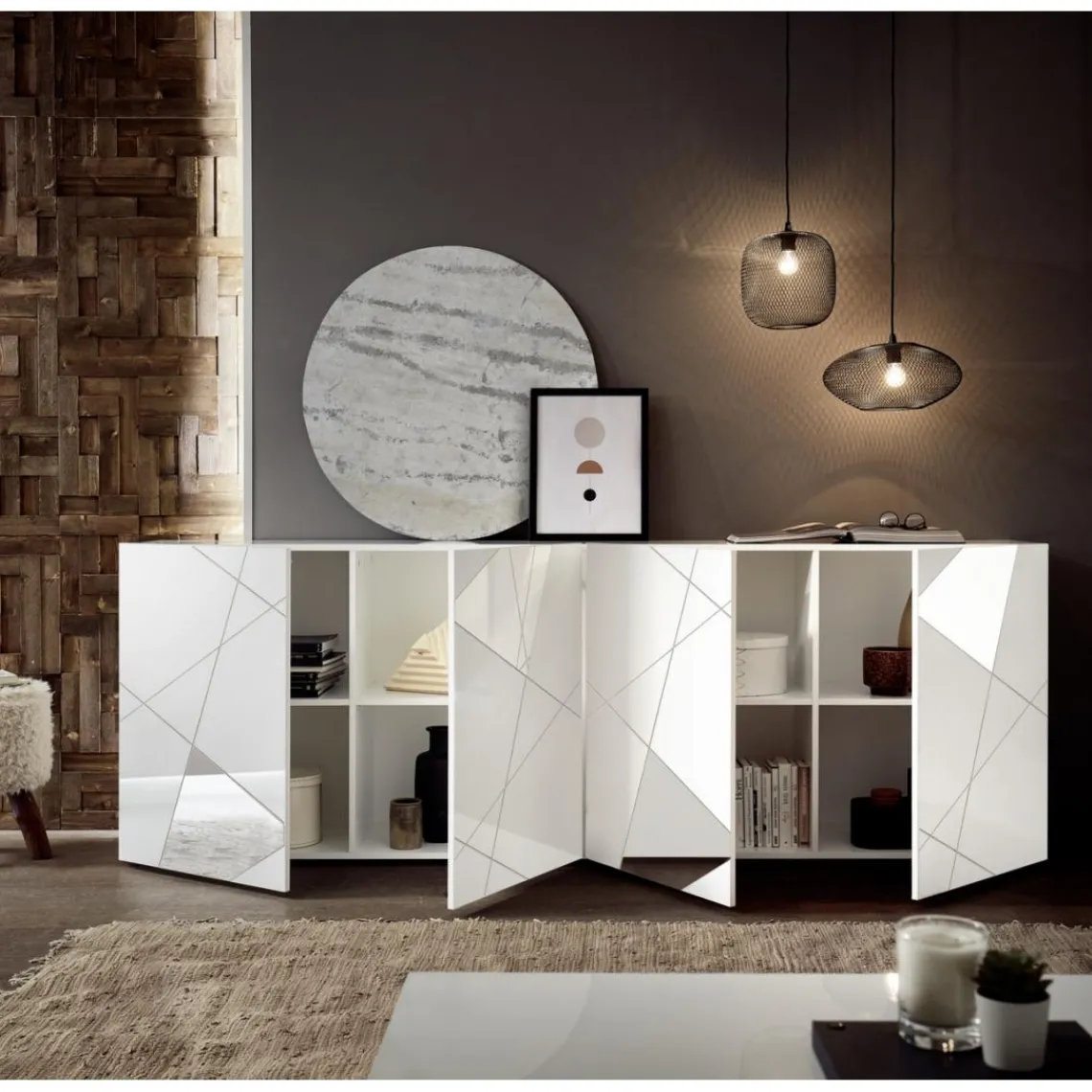 3S. x Home Buffet 4 portes VITTORIA blanc laqué avec sérigraphie Clearance