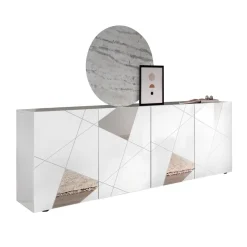 3S. x Home Buffet 4 portes VITTORIA blanc laqué avec sérigraphie Clearance
