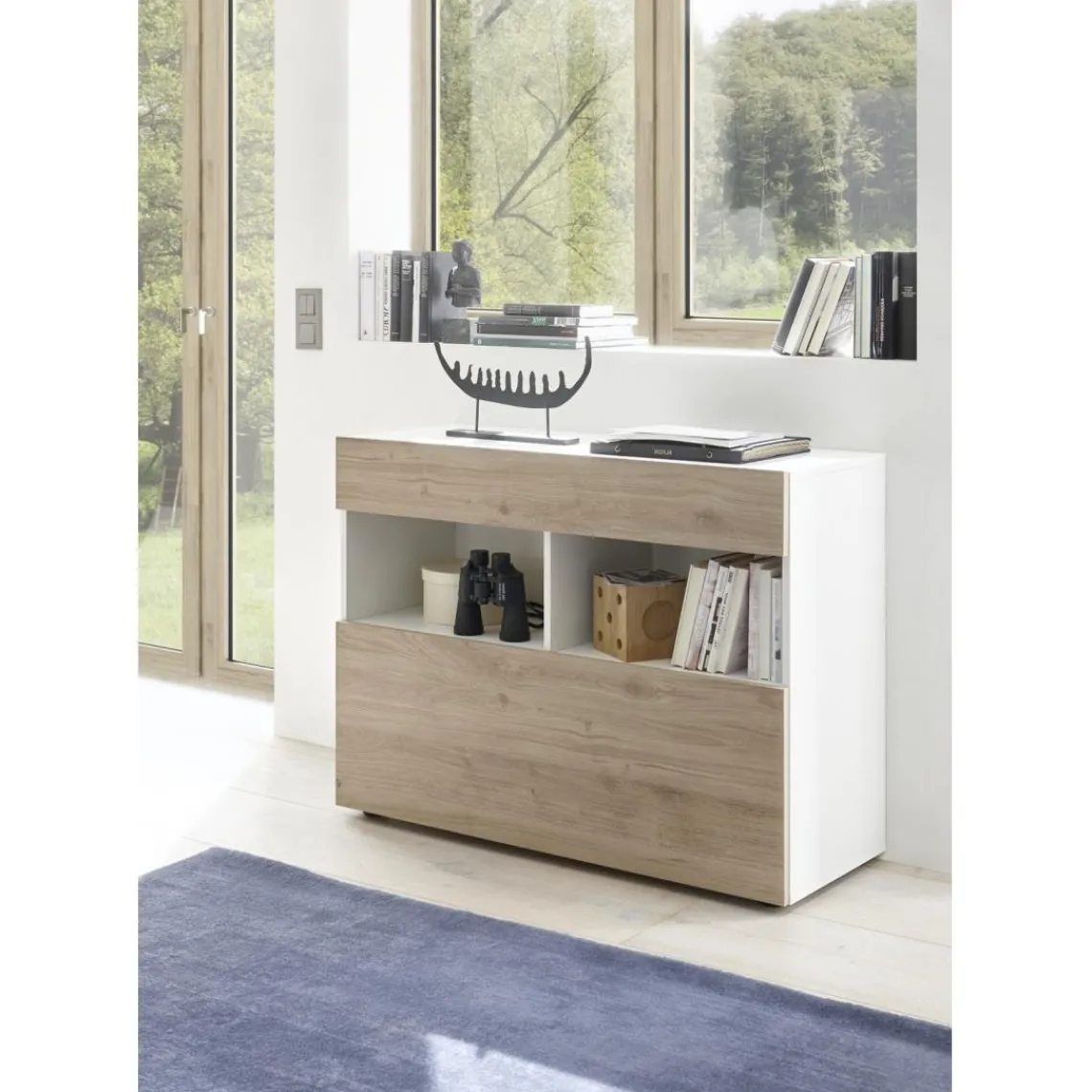 3S. x Home Buffet 1 tiroir et 1 abattant SORANO blanc et facades décor chene Hot