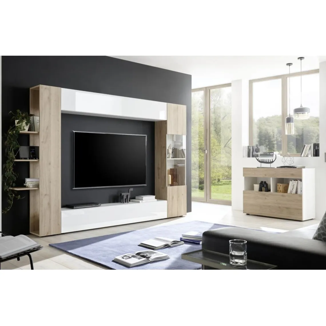 3S. x Home Buffet 1 tiroir et 1 abattant SORANO blanc et facades décor chene Hot