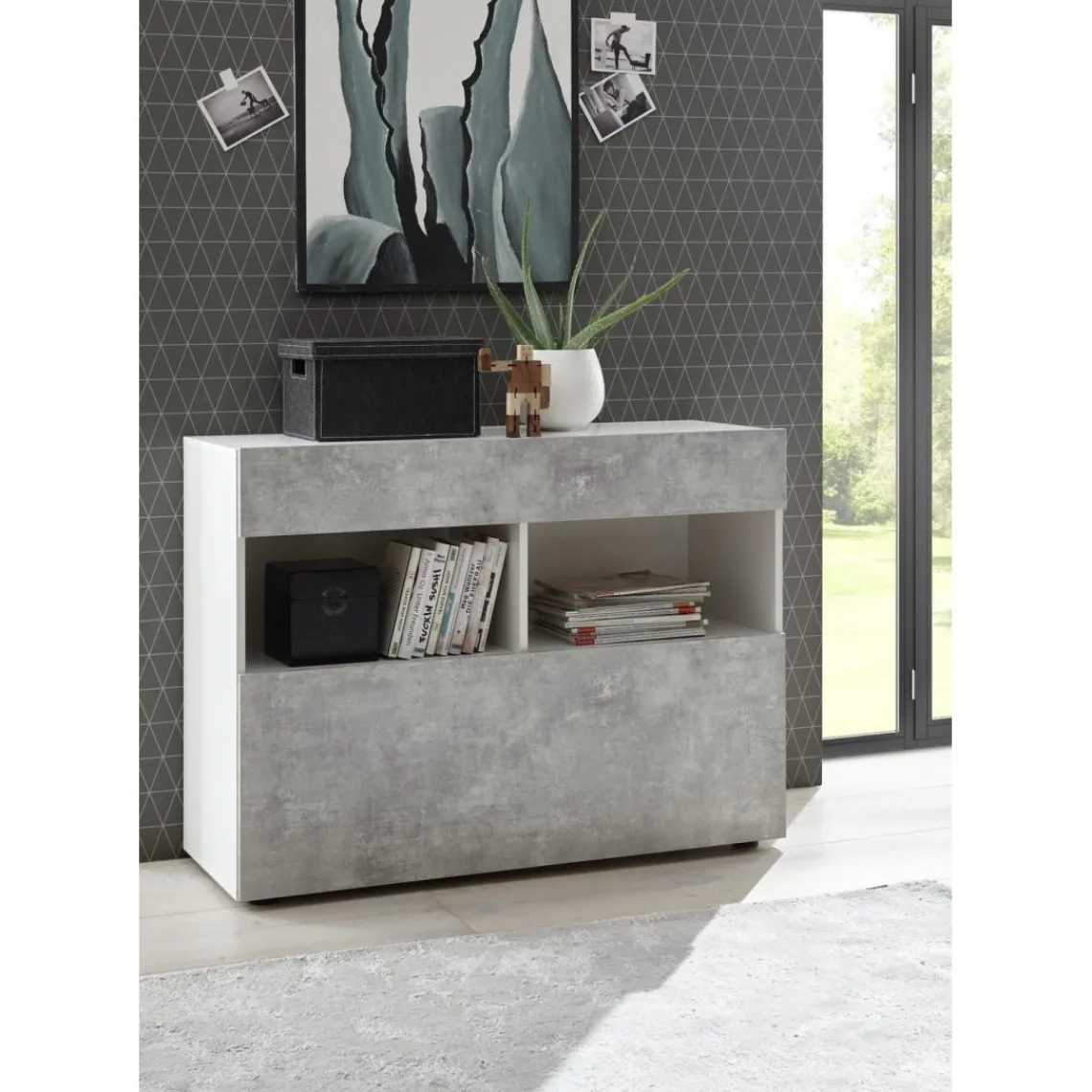 3S. x Home Buffet 1 tiroir et 1 abattant SORANO blanc et facades décor beton Sale