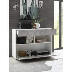 3S. x Home Buffet 1 tiroir et 1 abattant SORANO blanc et facades décor beton Sale