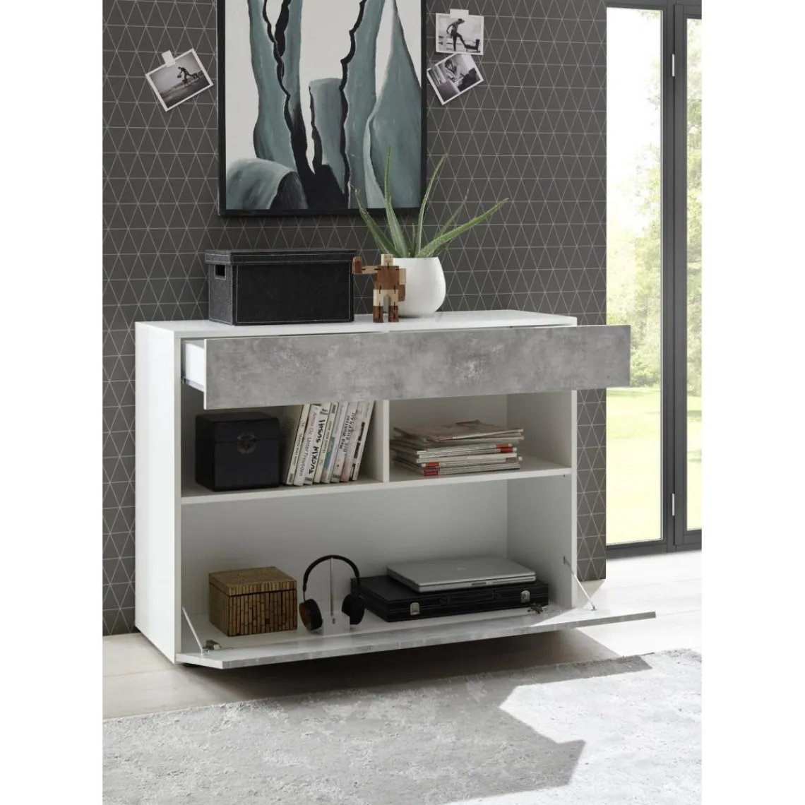 3S. x Home Buffet 1 tiroir et 1 abattant SORANO blanc et facades décor beton Sale