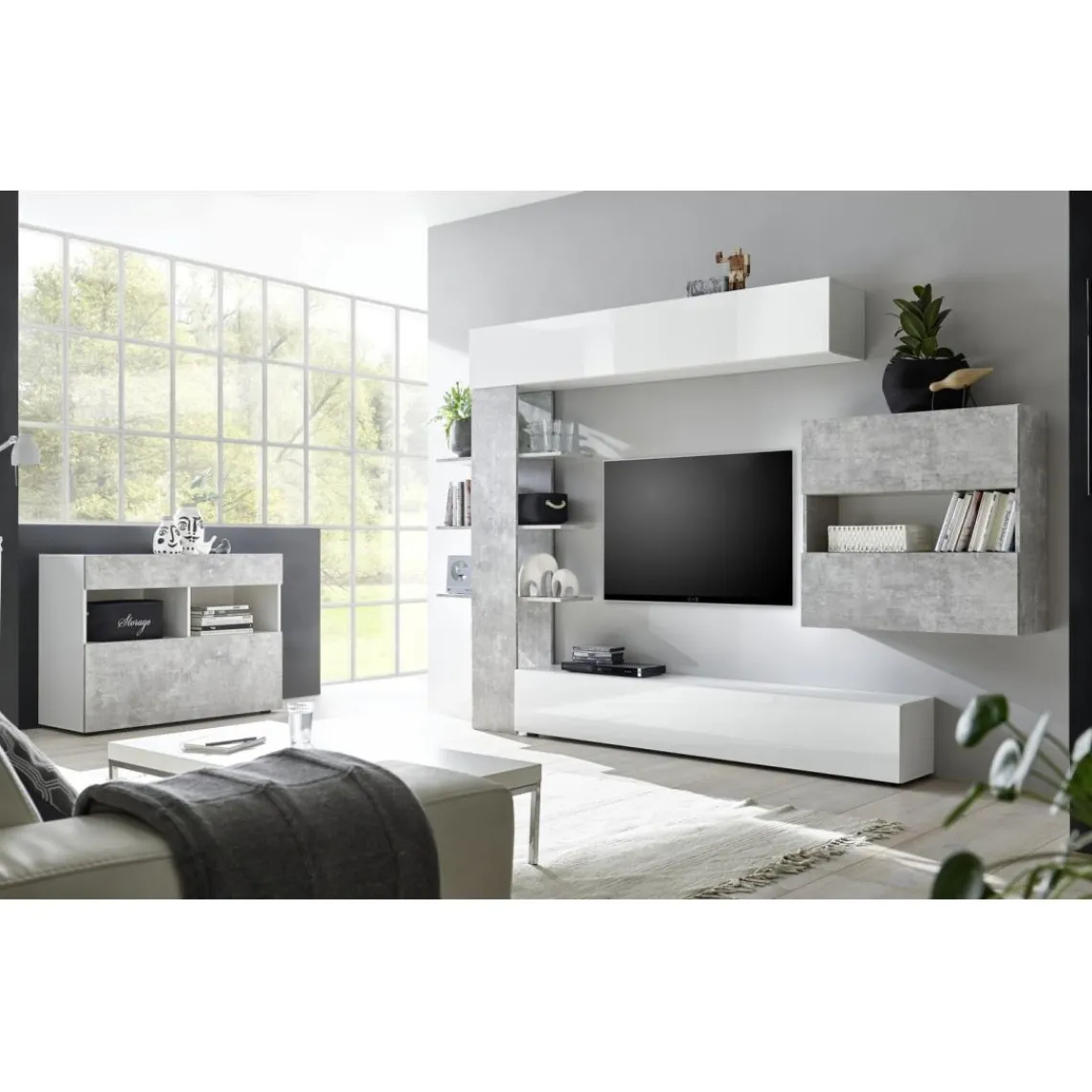 3S. x Home Buffet 1 tiroir et 1 abattant SORANO blanc et facades décor beton Sale