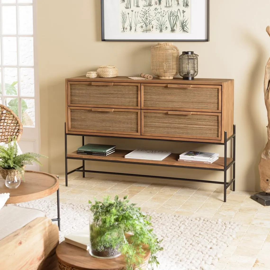 Macabane Buffet 4 tiroirs 1 étagère en bois de teck recyclé Best