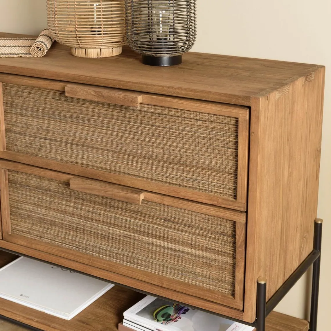 Macabane Buffet 4 tiroirs 1 étagère en bois de teck recyclé Best