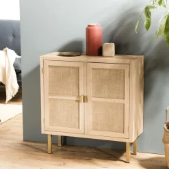 Macabane Buffet ALINE 2 Portes Toile De Jute Pieds Métal Doré Clearance