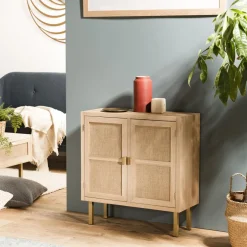 Macabane Buffet ALINE 2 Portes Toile De Jute Pieds Métal Doré Clearance